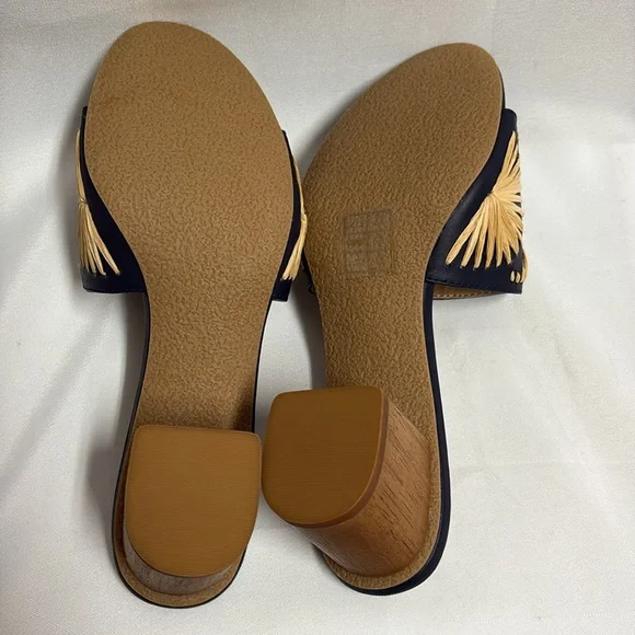 Jack Rogers Bettina Rattan Starburst Block Heel Navy Tan Size 7.5 New - Picture 5 of 6